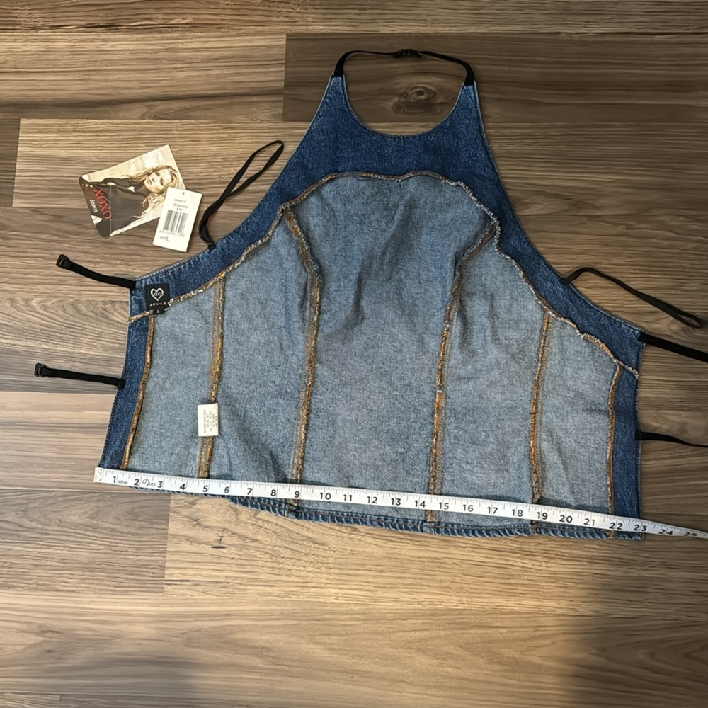 XOXO Denim Halter Glitter Black Design Open Back Strap Funky Top L NWT - Picture 13 of 15